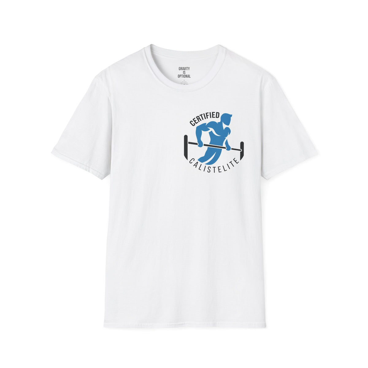 White Certified CalistElite calisthenics T-shirt, front with chest logo