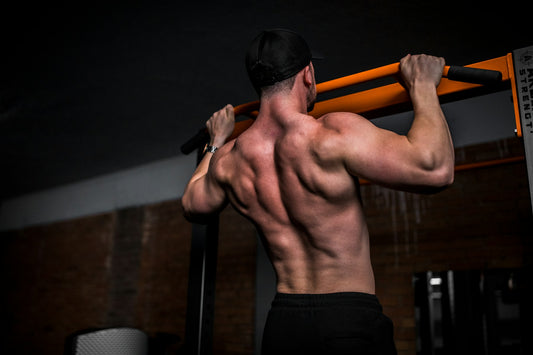 Athlete doing a pull-up on a bar, seen from behind