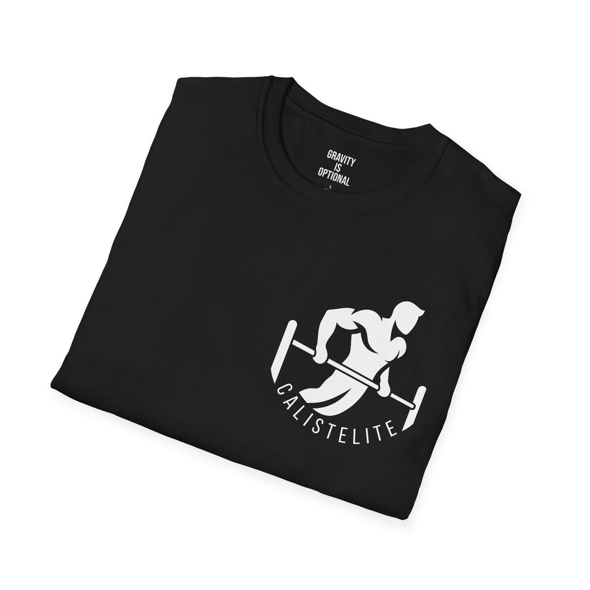Black CalistElite calisthenics T-shirt, chest logo close-up