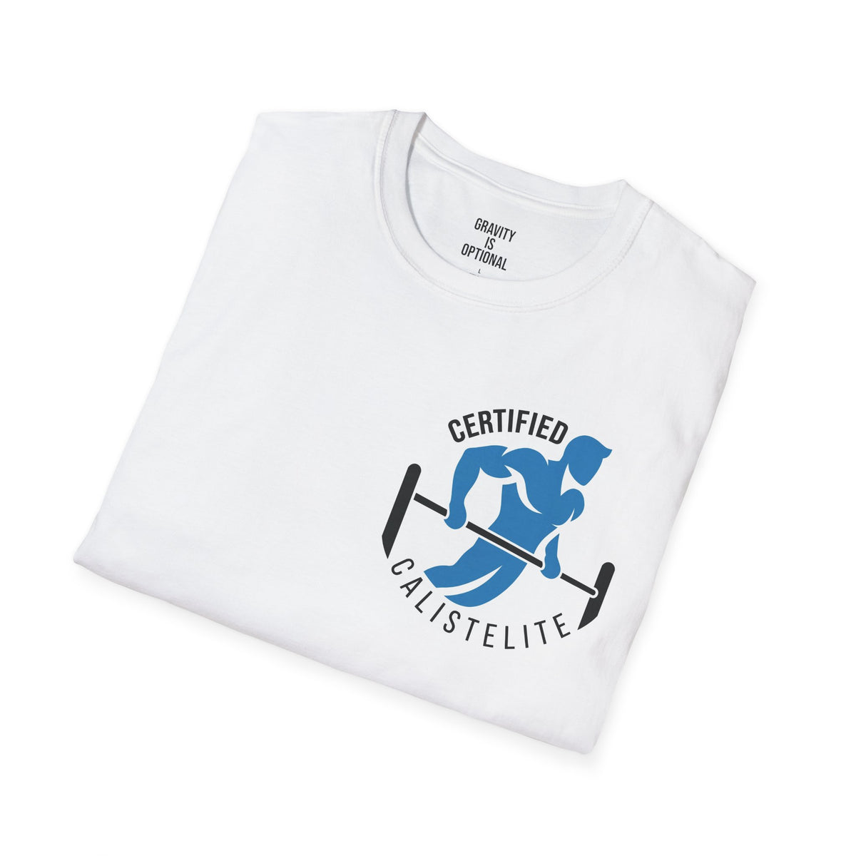 White Certified CalistElite calisthenics T-shirt, chest logo close-up