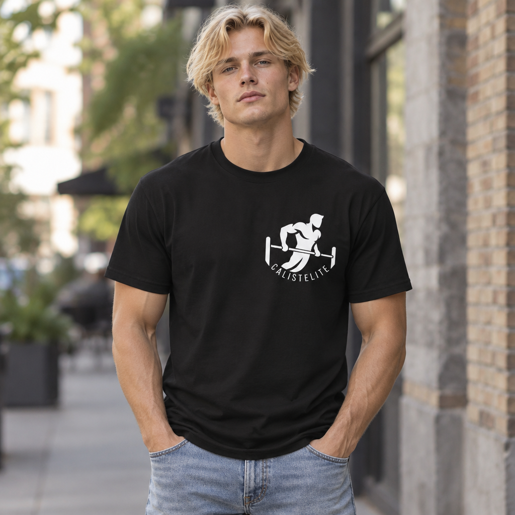 Black CalistElite calisthenics T-shirt, worn by a model