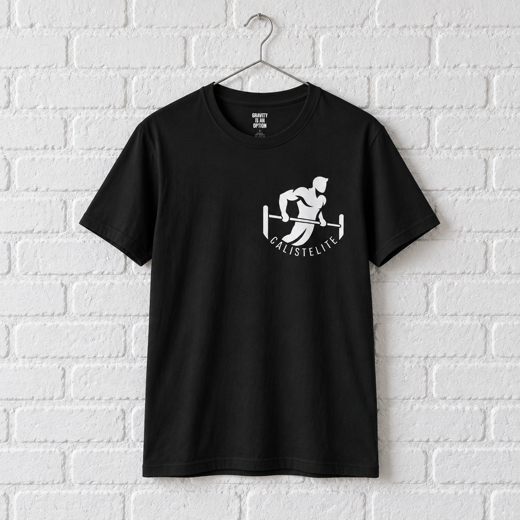 Black CalistElite calisthenics T-shirt, on a hanger