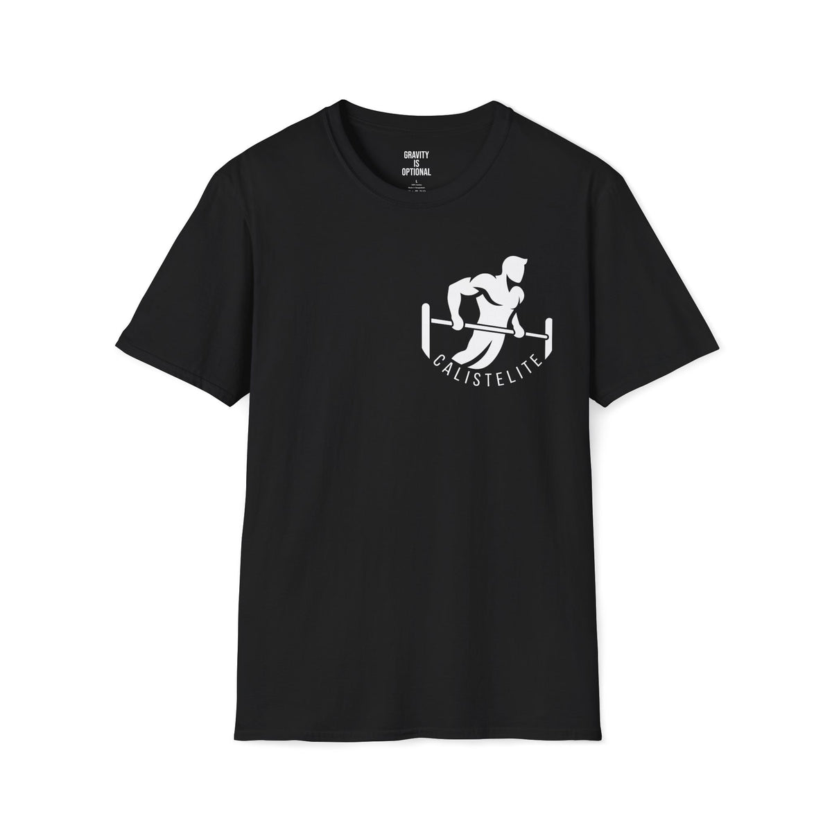 Black CalistElite calisthenics T-shirt, front with chest logo